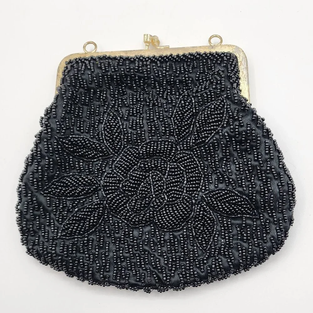 Vintage La Regale Women's Beaded Black Cocktail Party Clutch No Shoulder Chain
